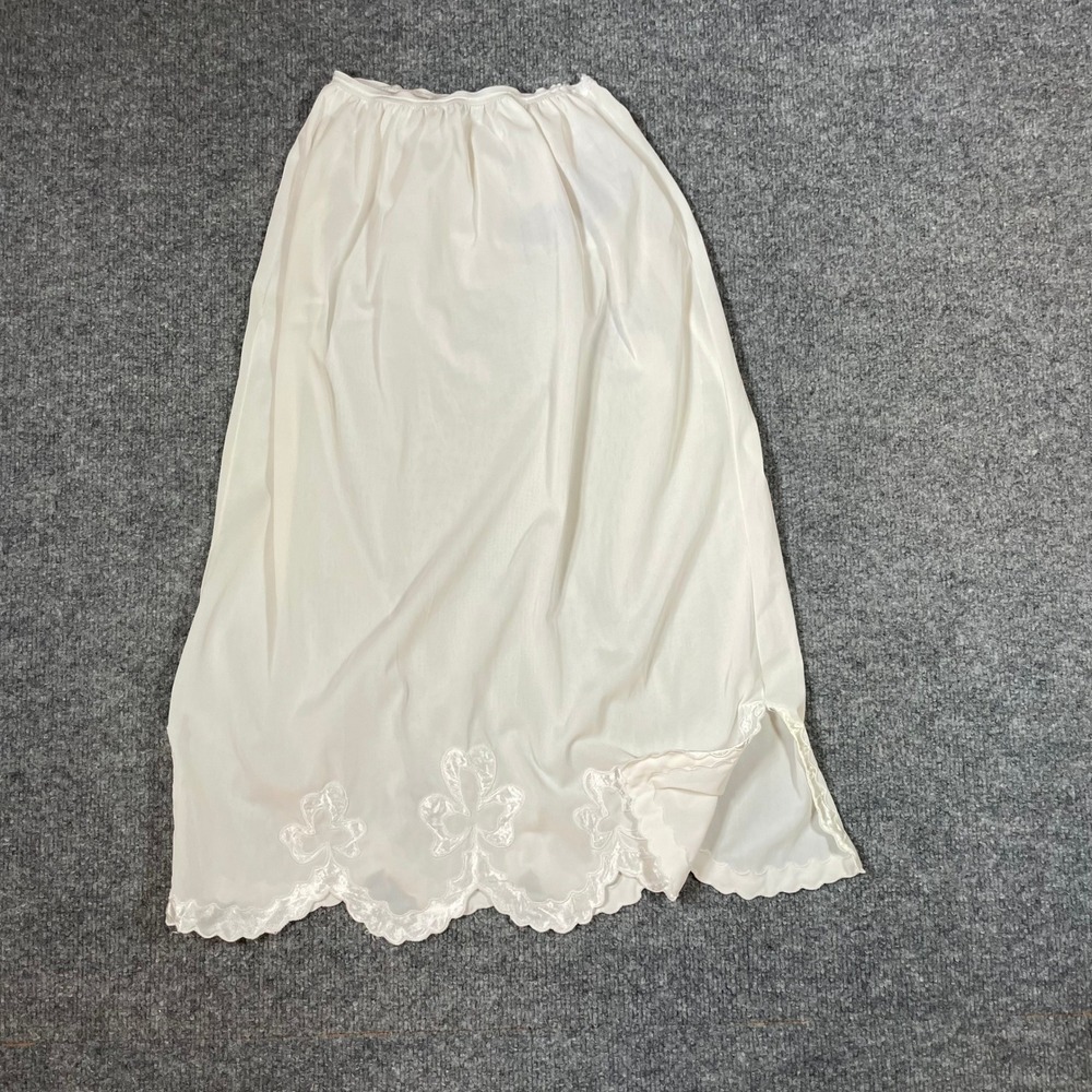 Vintage Half Slip Skirt Sz Small White Satin Applique Scalloped Hem Clover Bow